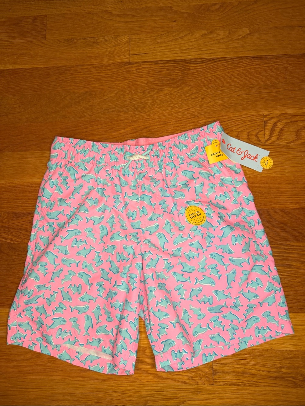 NWT Cat & Jack Boys Pink Shark Swim Trunks Size 8 Husky UPF 50+